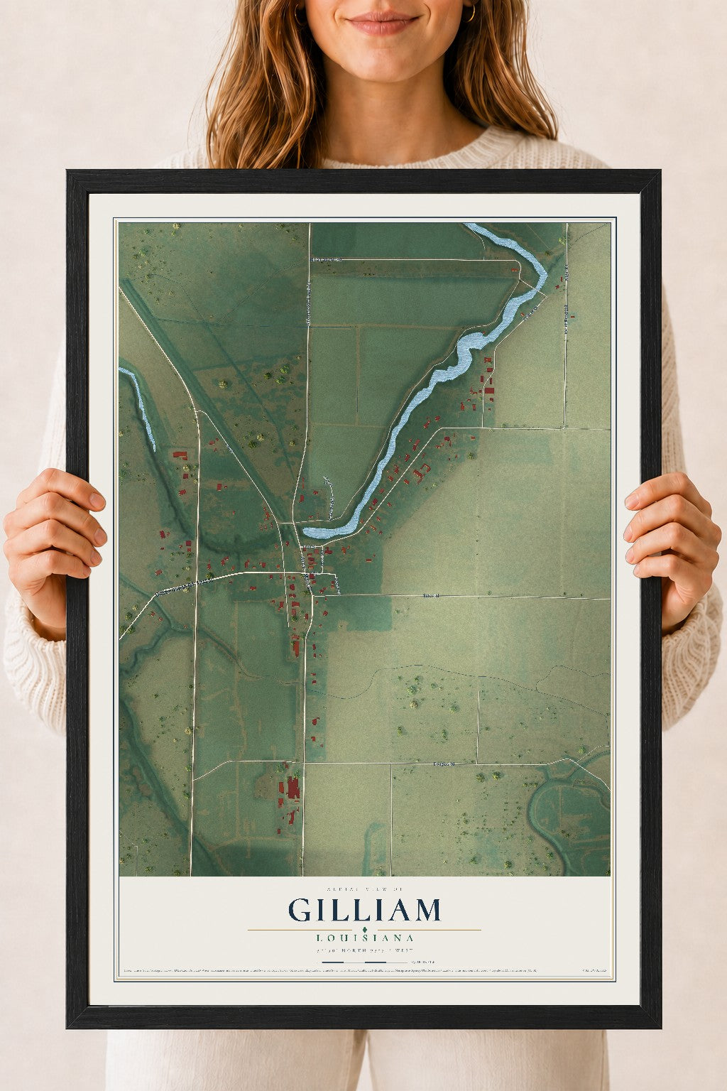 Map of Gilliam, Louisiana, 18 x 24 inch print in a black wood frame