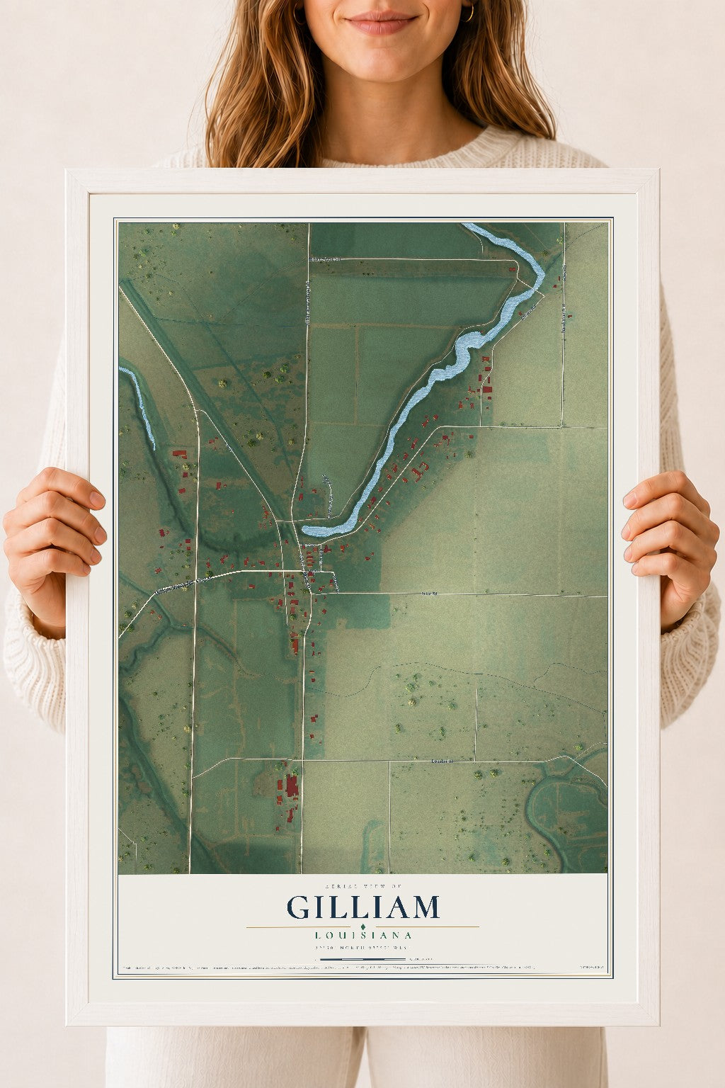 Map of Gilliam, Louisiana, 18 x 24 inch print in a white wood frame