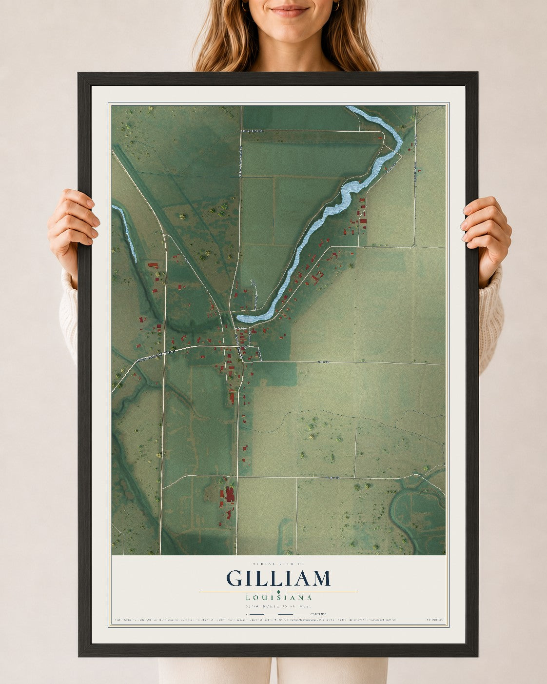 Map of Gilliam, Louisiana, 24 x 36 inch print in a black wood frame