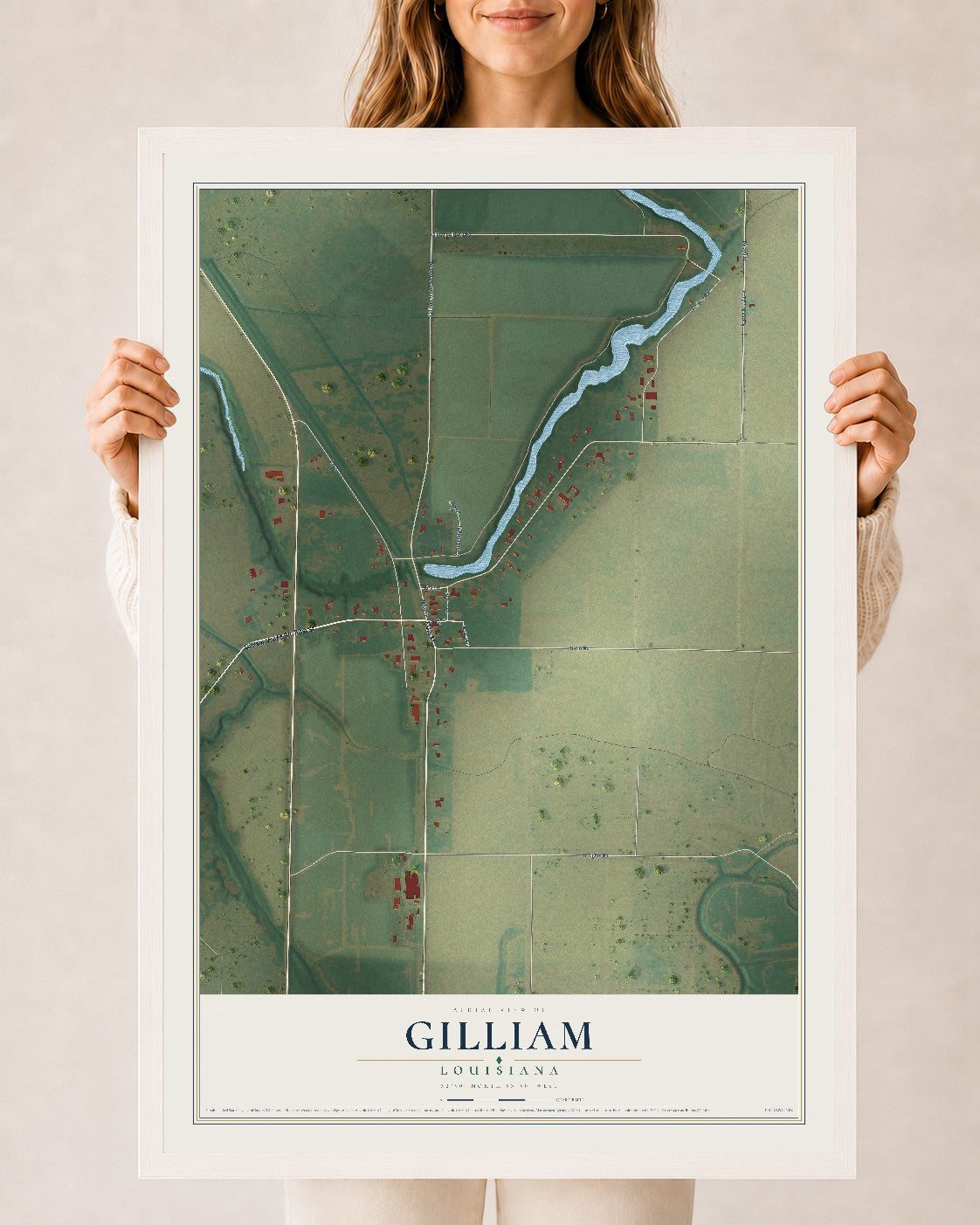 Map of Gilliam, Louisiana, 24 x 36 inch print in a white wood frame