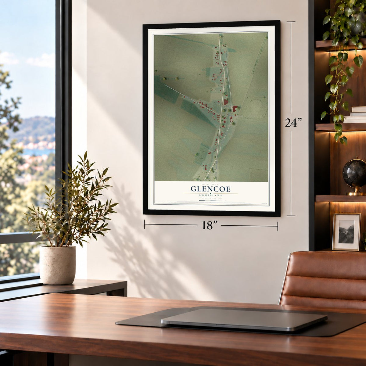 Glencoe, Louisiana map, 18 x 24 inch print in a black frame in a home office