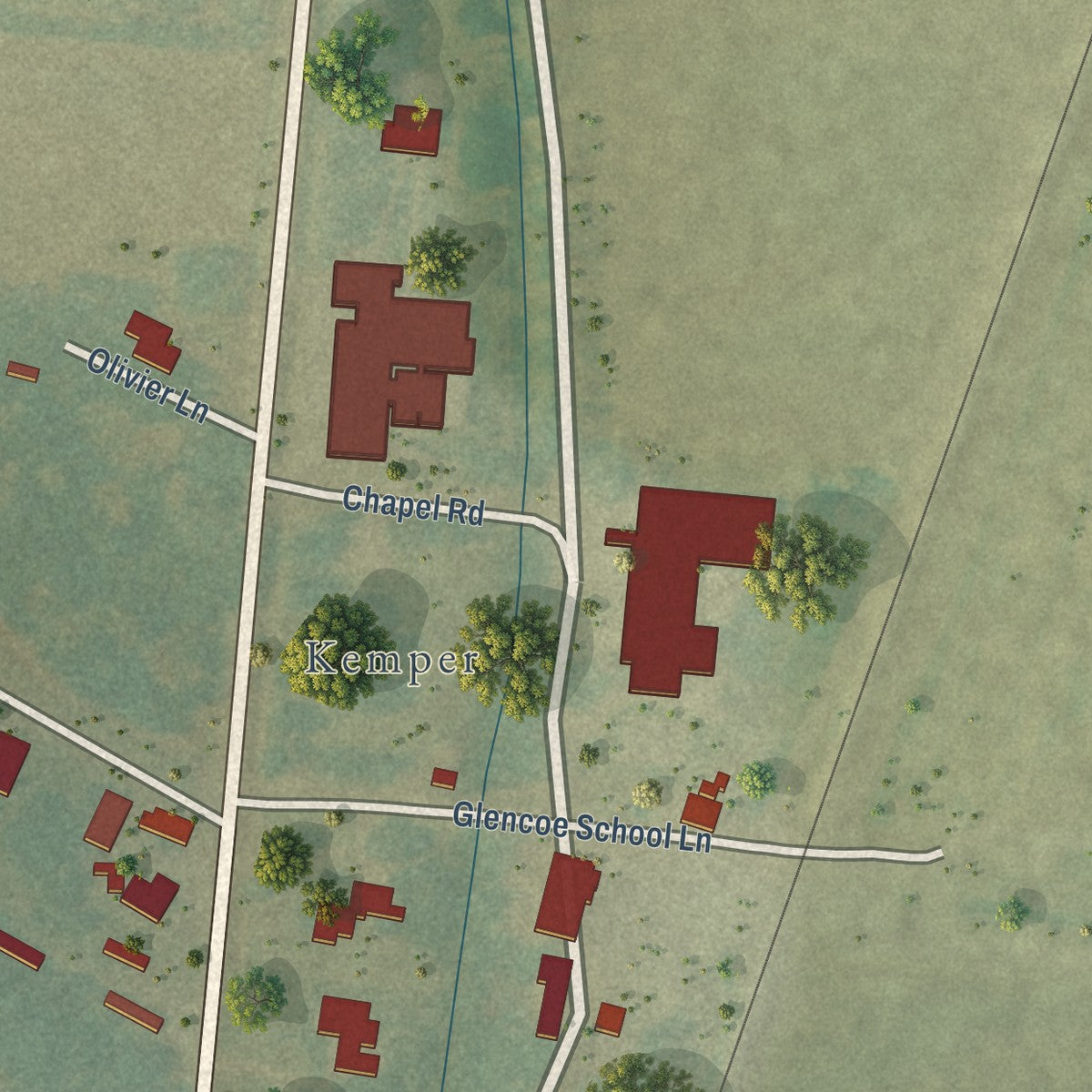 Close-up of the map of Glencoe, Louisiana print showing street and building detail