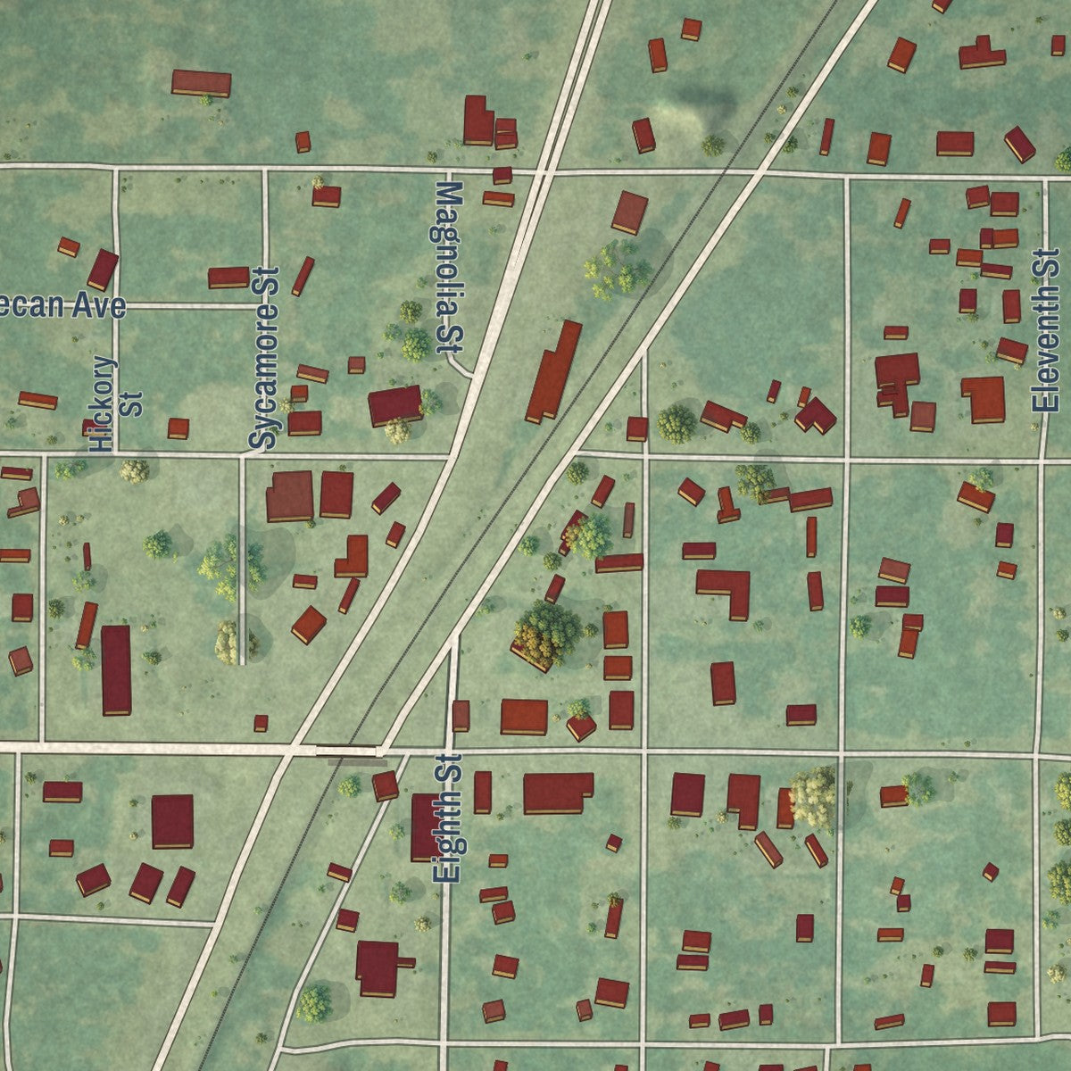 Close-up of the map of Glenmora, Louisiana print showing street and building detail