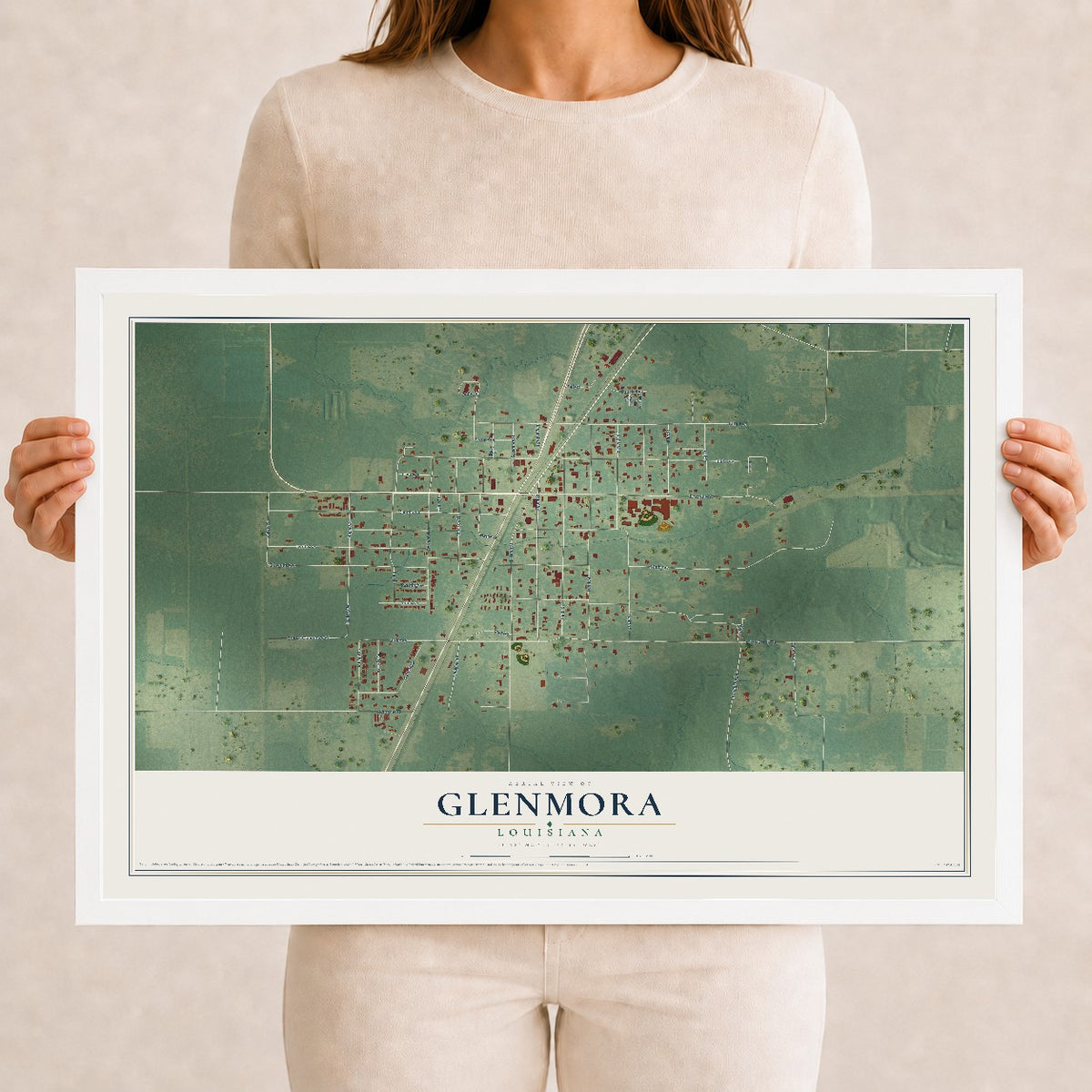Map of Glenmora, Louisiana, 12 x 18 inch print in a white wood frame
