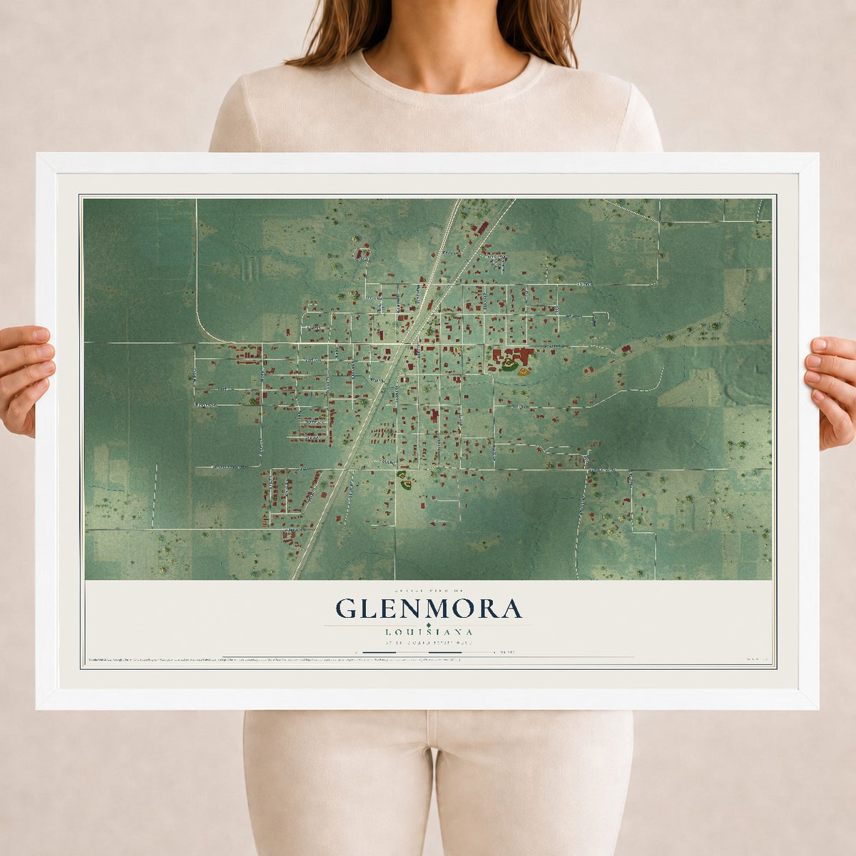 Map of Glenmora, Louisiana, 18 x 24 inch print in a white wood frame