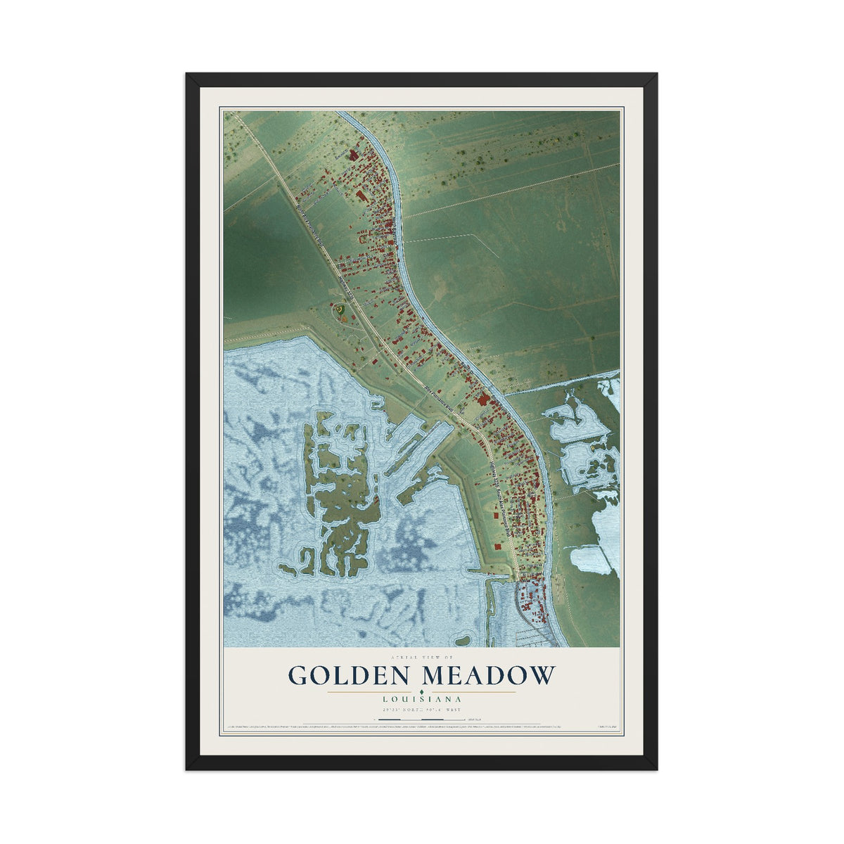 Map of Golden Meadow, Louisiana, 12 x 18 inch print in a black wood frame
