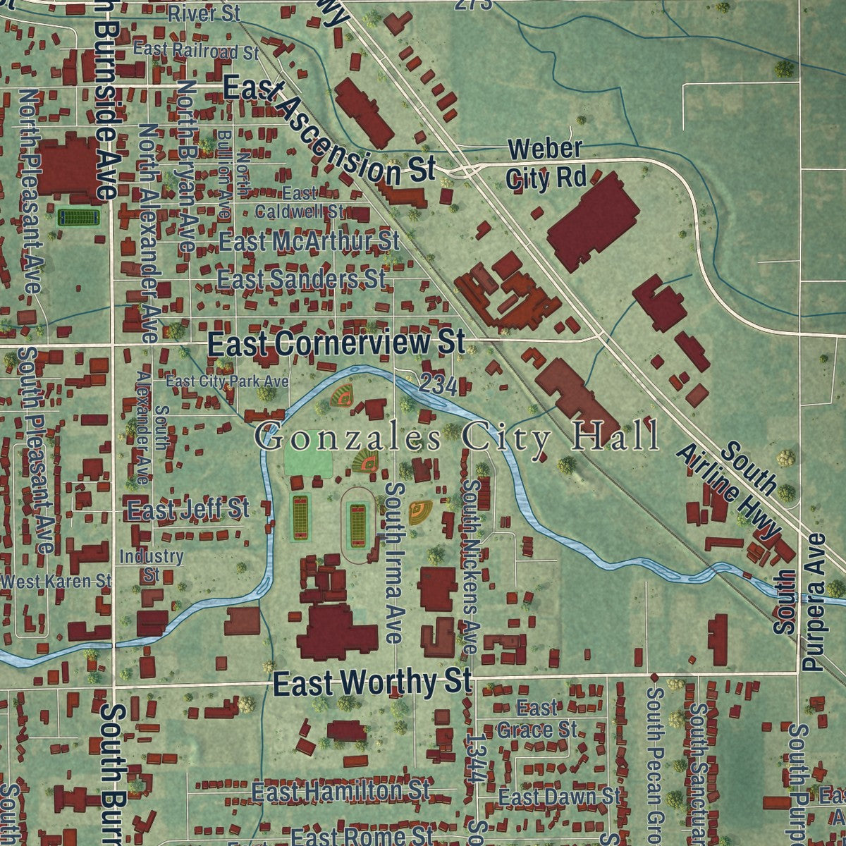 Close-up of the map of Gonzales, Louisiana print showing street and building detail