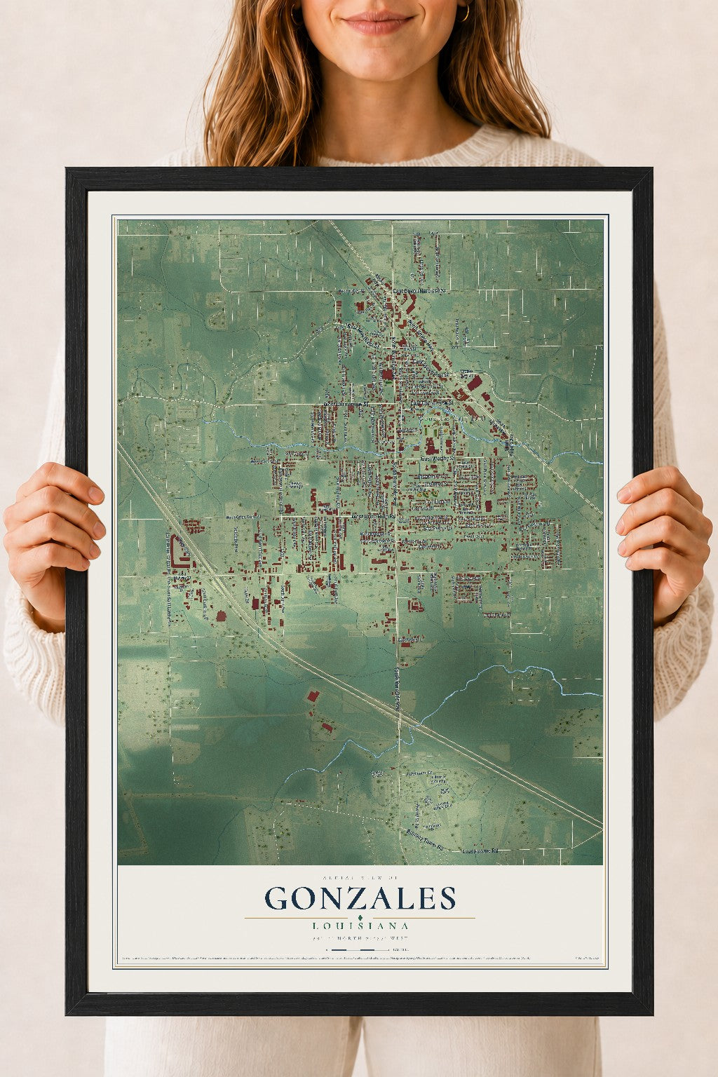 Map of Gonzales, Louisiana, 18 x 24 inch print in a black wood frame