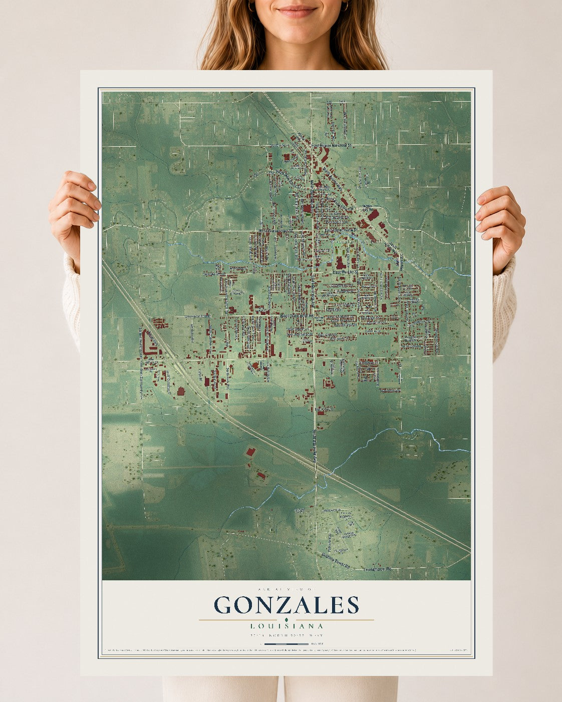 Map of Gonzales, Louisiana, 24 x 36 inch unframed archival matte print