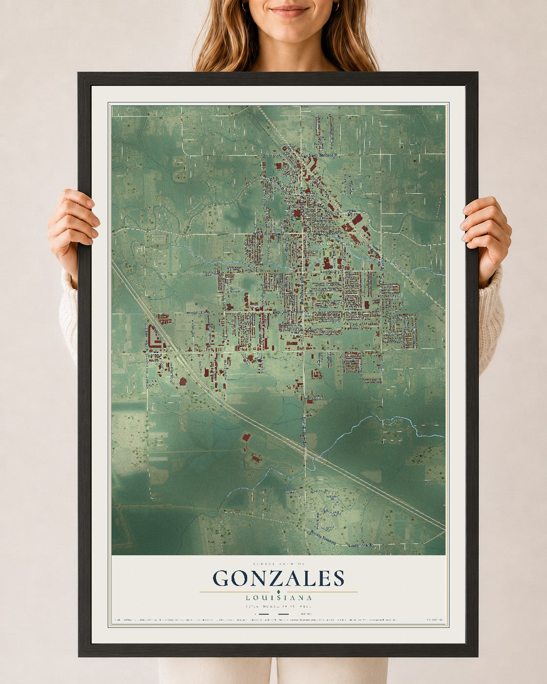 Map of Gonzales, Louisiana, 24 x 36 inch print in a black wood frame