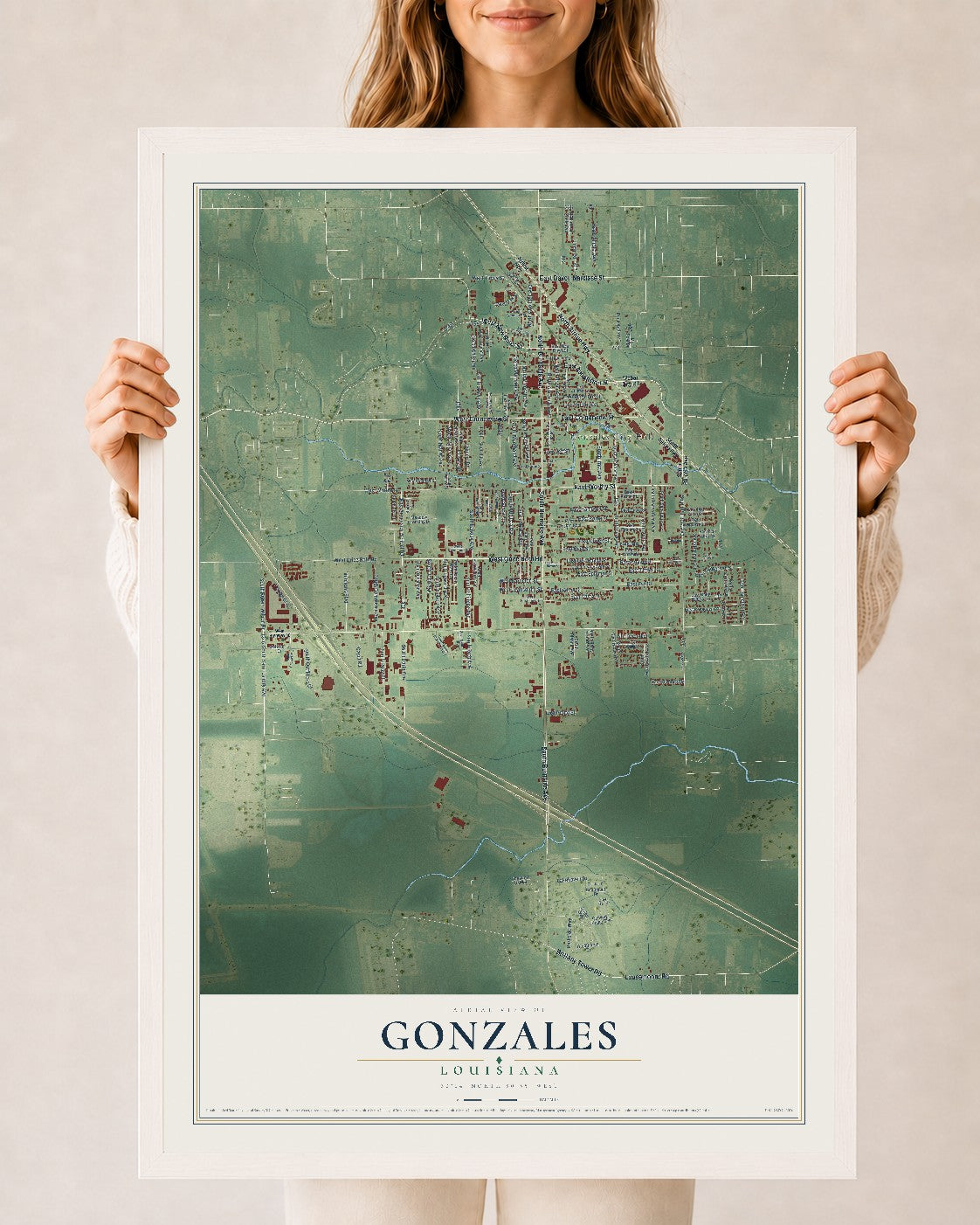 Map of Gonzales, Louisiana, 24 x 36 inch print in a white wood frame