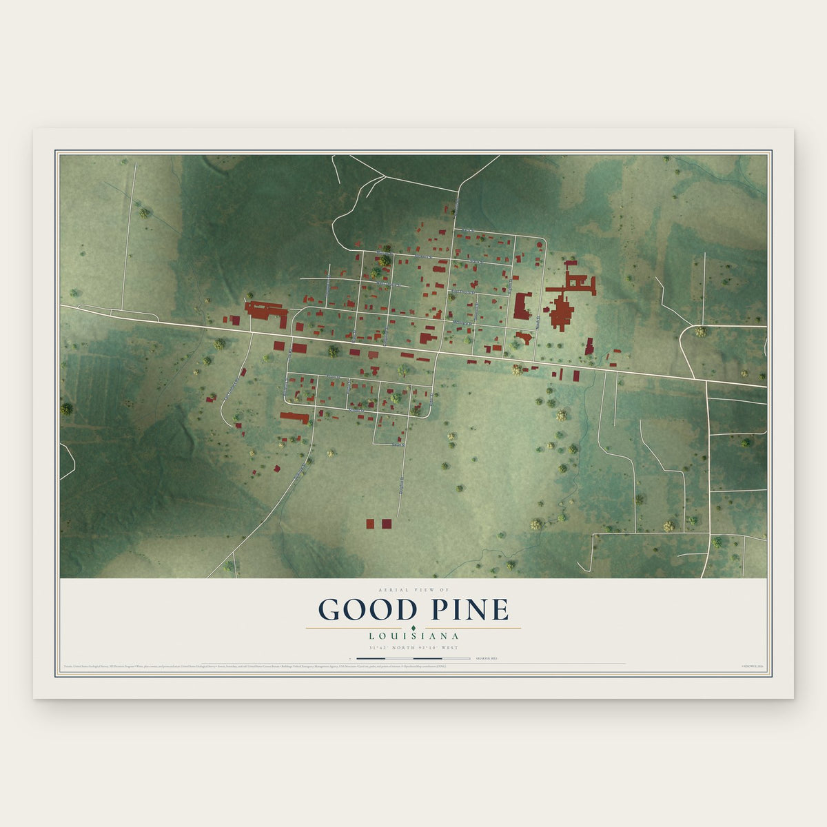 Good Pine, Louisiana map print, the full design