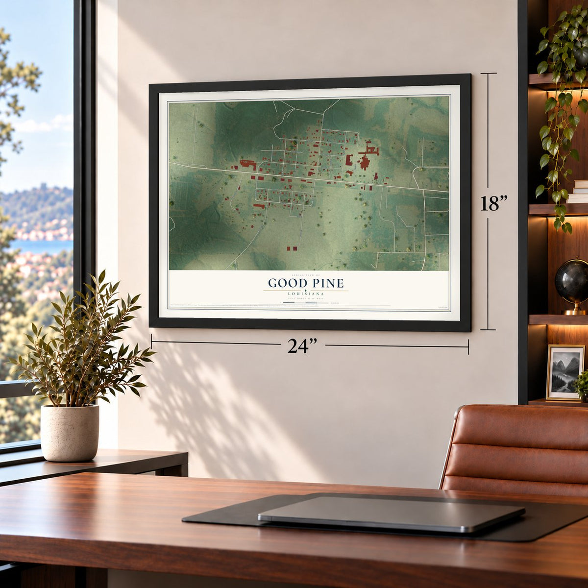 Good Pine, Louisiana map, 18 x 24 inch print in a black frame in a home office