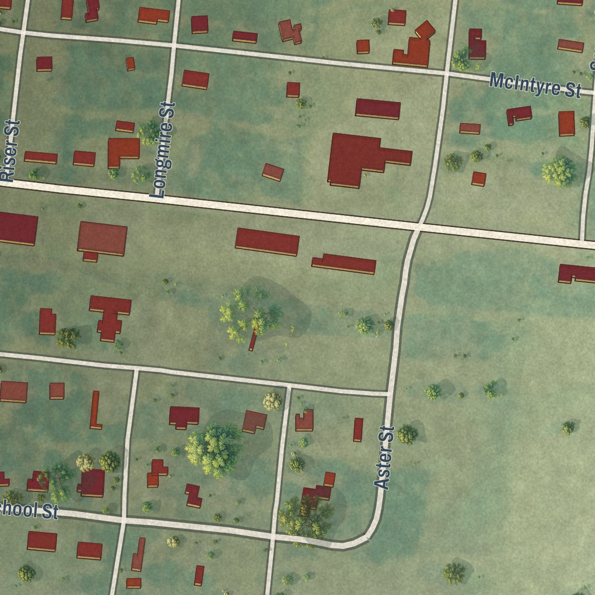 Close-up of the map of Good Pine, Louisiana print showing street and building detail