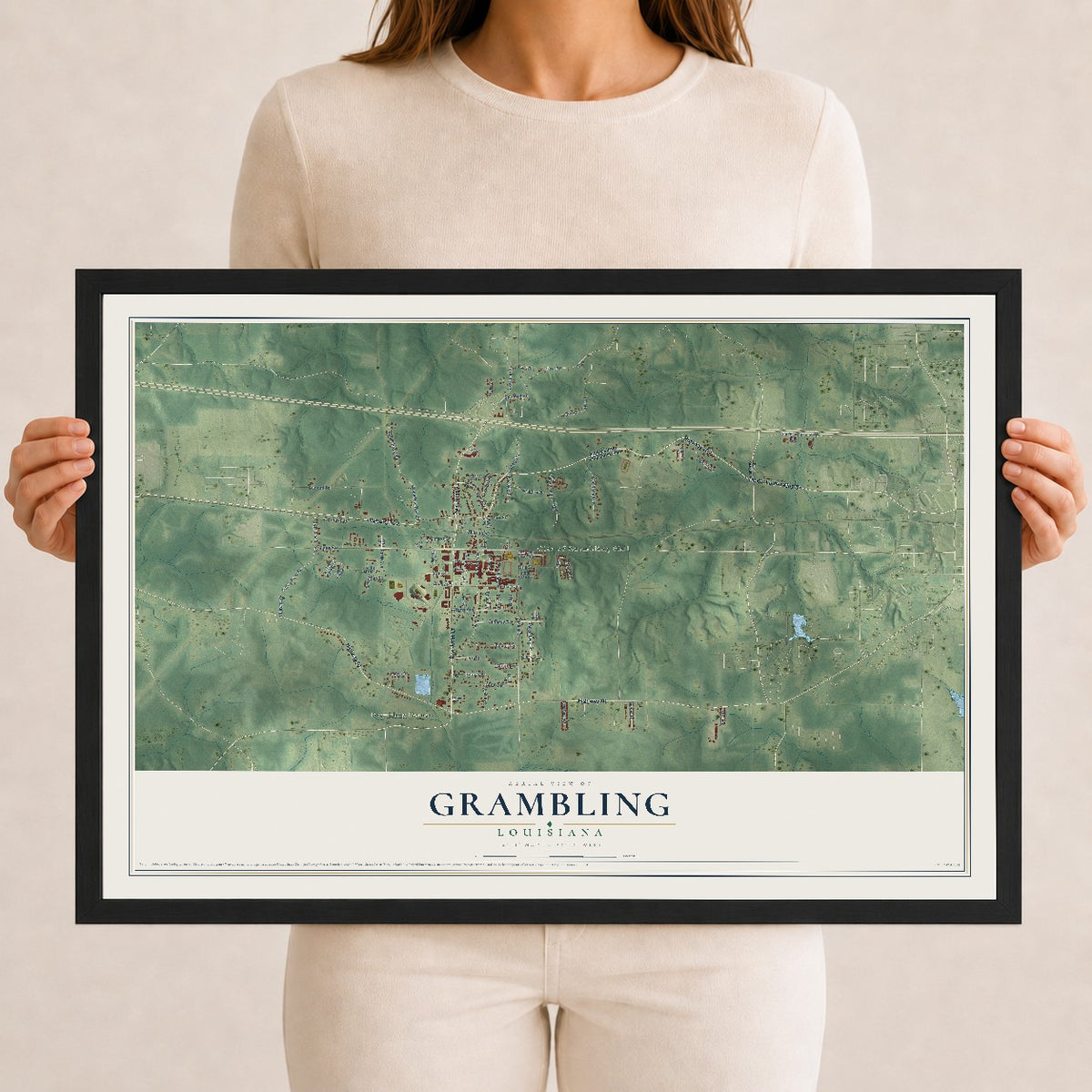 Map of Grambling, Louisiana, 12 x 18 inch print in a black wood frame
