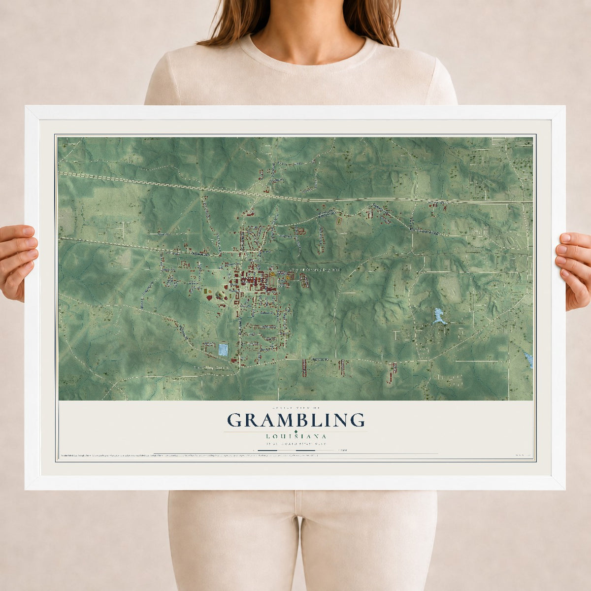 Map of Grambling, Louisiana, 18 x 24 inch print in a white wood frame