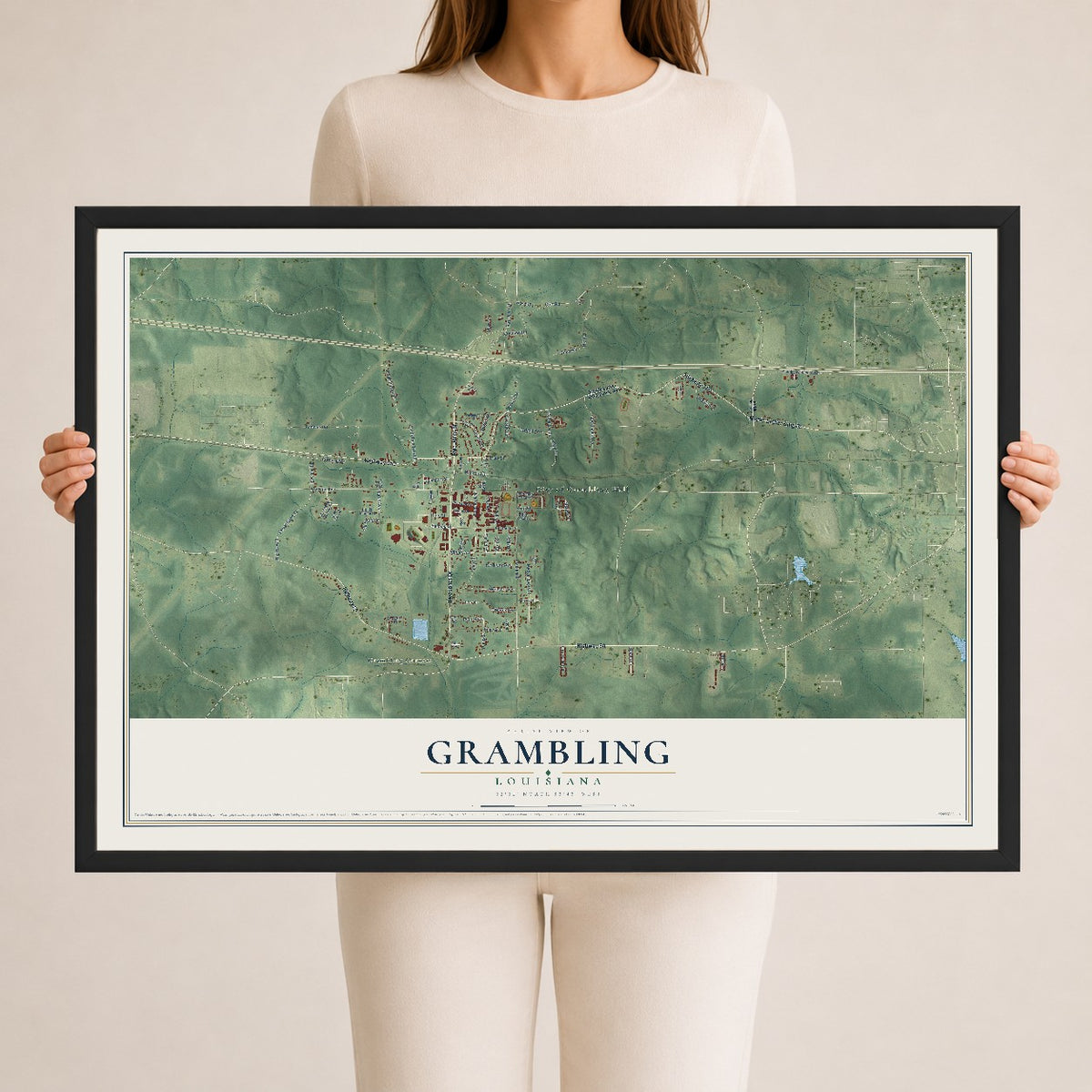 Map of Grambling, Louisiana, 24 x 36 inch print in a black wood frame