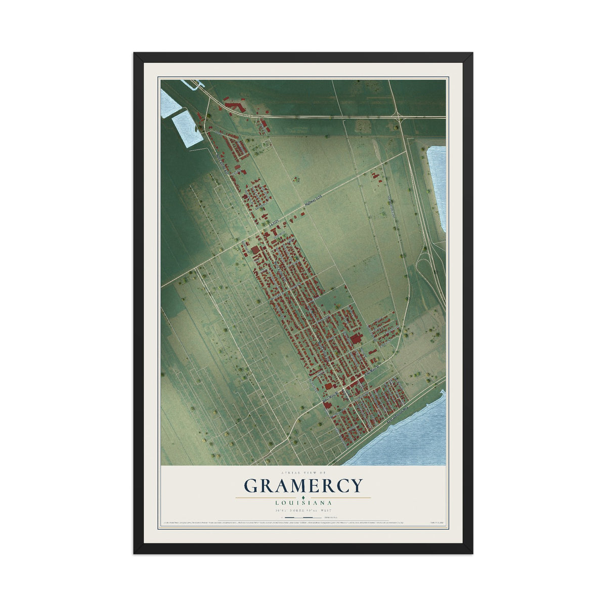 Map of Gramercy, Louisiana, 12 x 18 inch print in a black wood frame