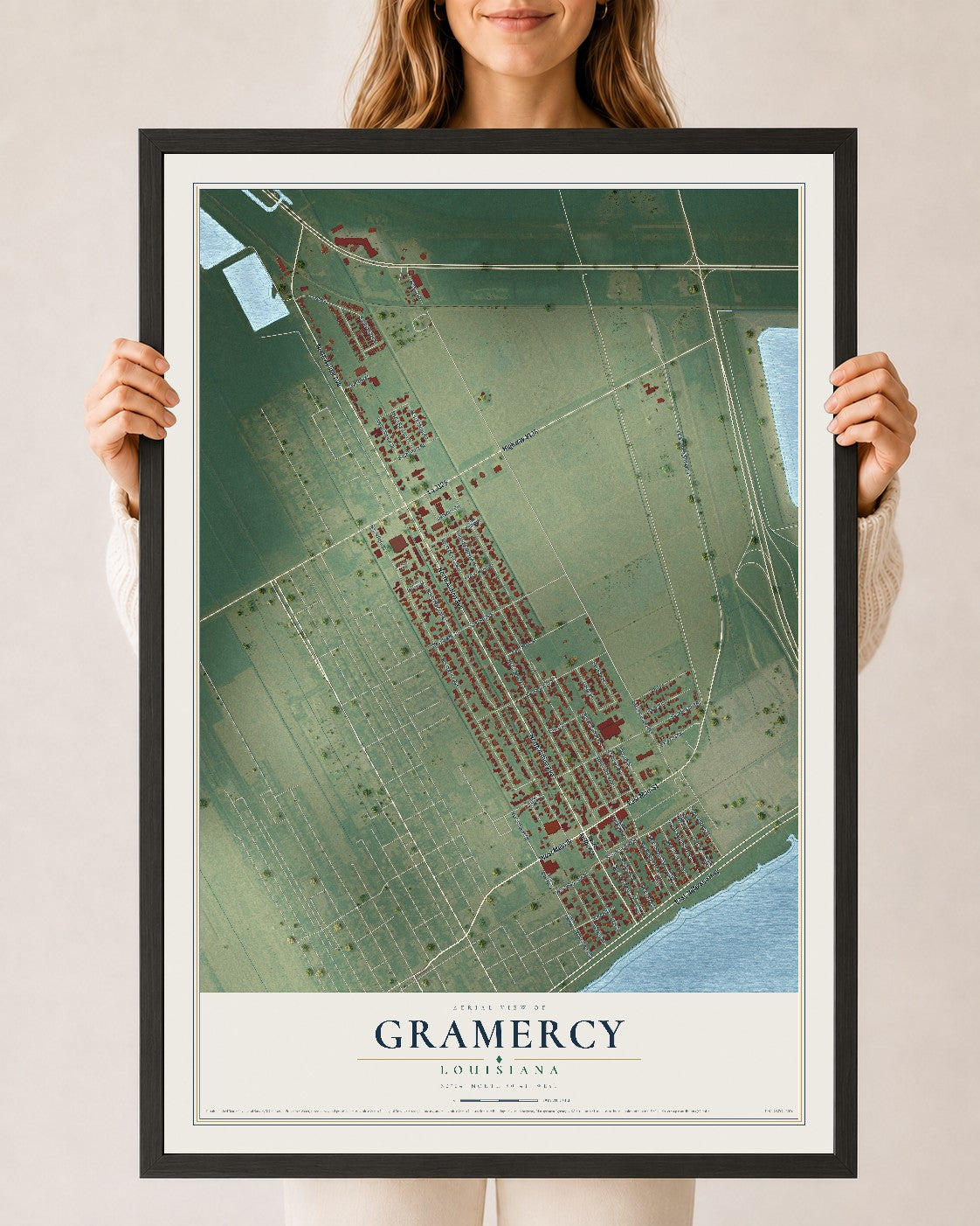 Map of Gramercy, Louisiana, 24 x 36 inch print in a black wood frame