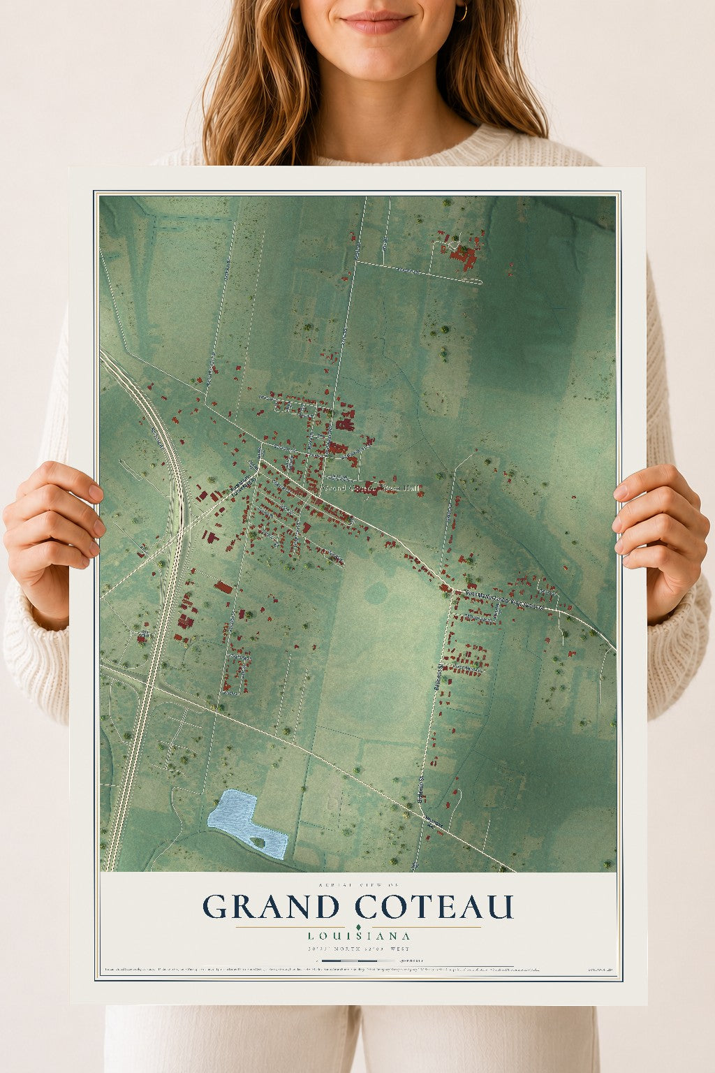 Map of Grand Coteau, Louisiana, 18 x 24 inch unframed archival matte print