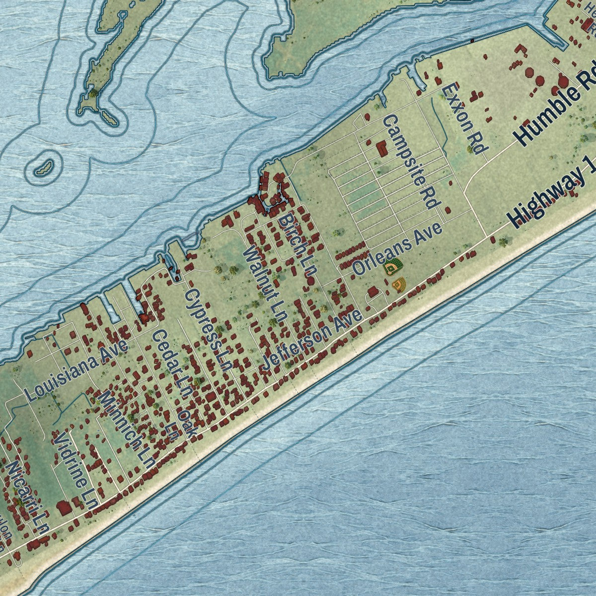 Close-up of the map of Grand Isle, Louisiana print showing street and building detail