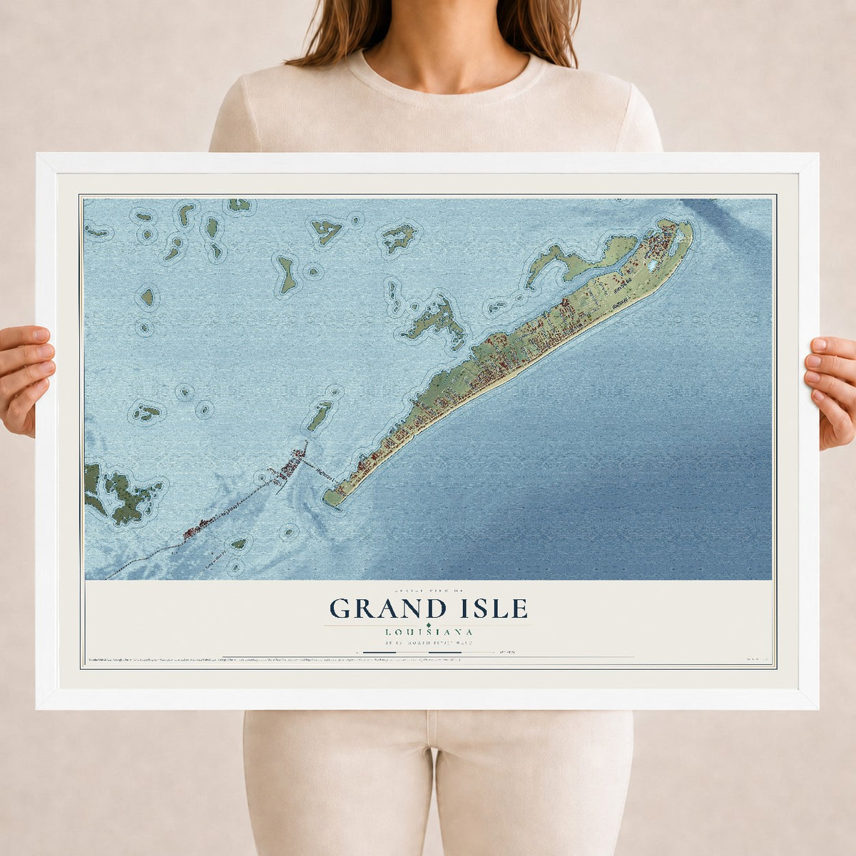 Map of Grand Isle, Louisiana, 18 x 24 inch print in a white wood frame