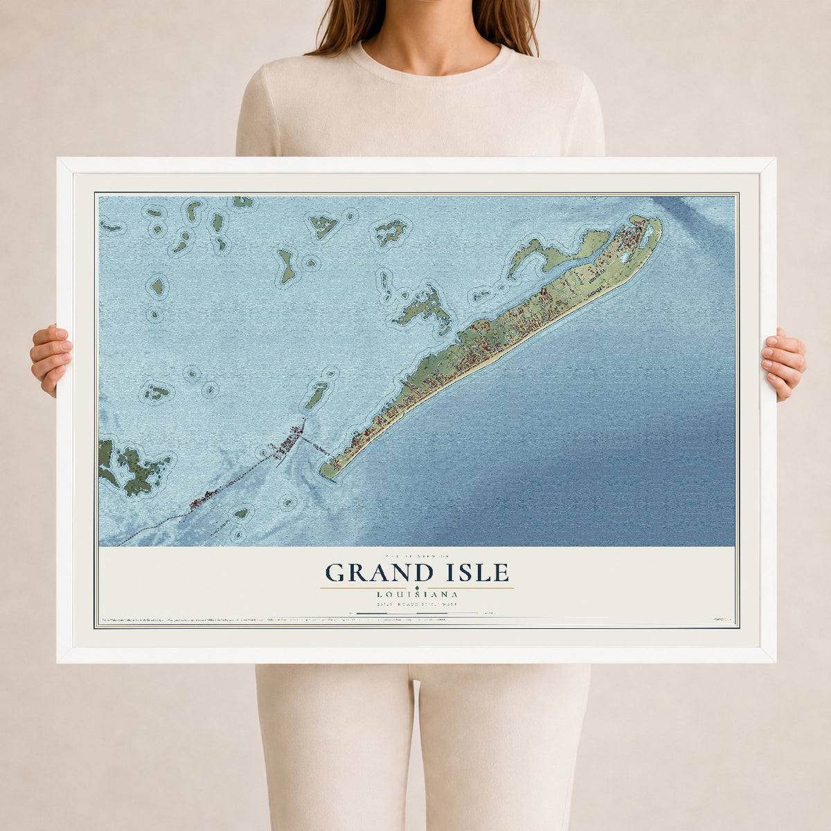 Map of Grand Isle, Louisiana, 24 x 36 inch print in a white wood frame