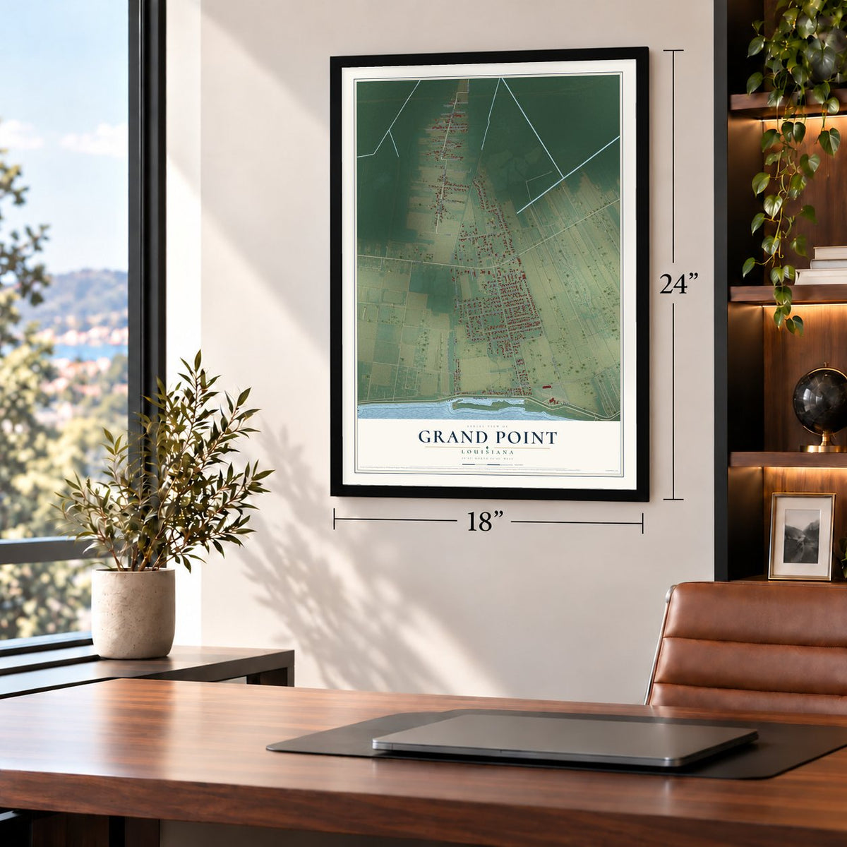 Grand Point, Louisiana map, 18 x 24 inch print in a black frame in a home office