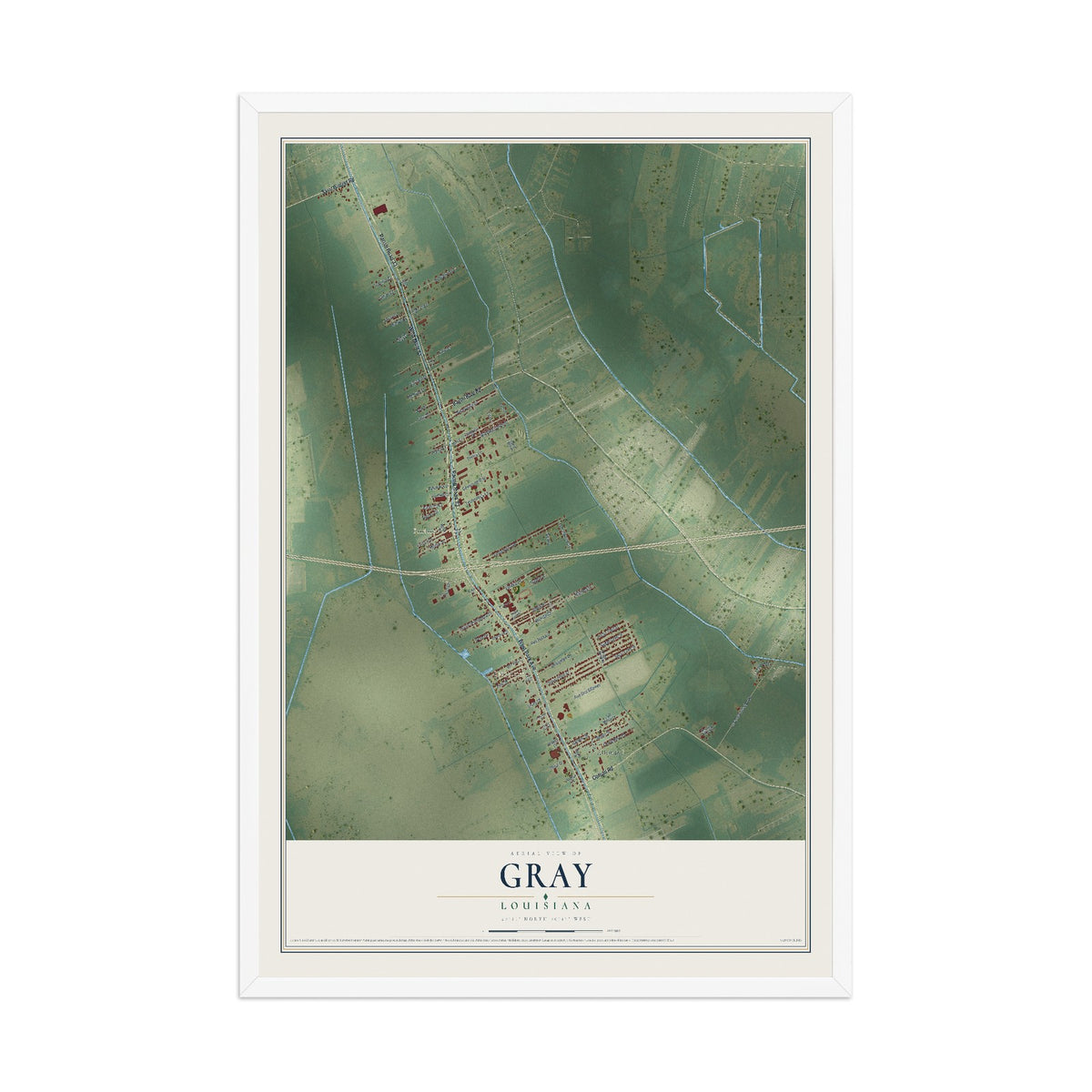 Map of Gray, Louisiana, 12 x 18 inch print in a white wood frame
