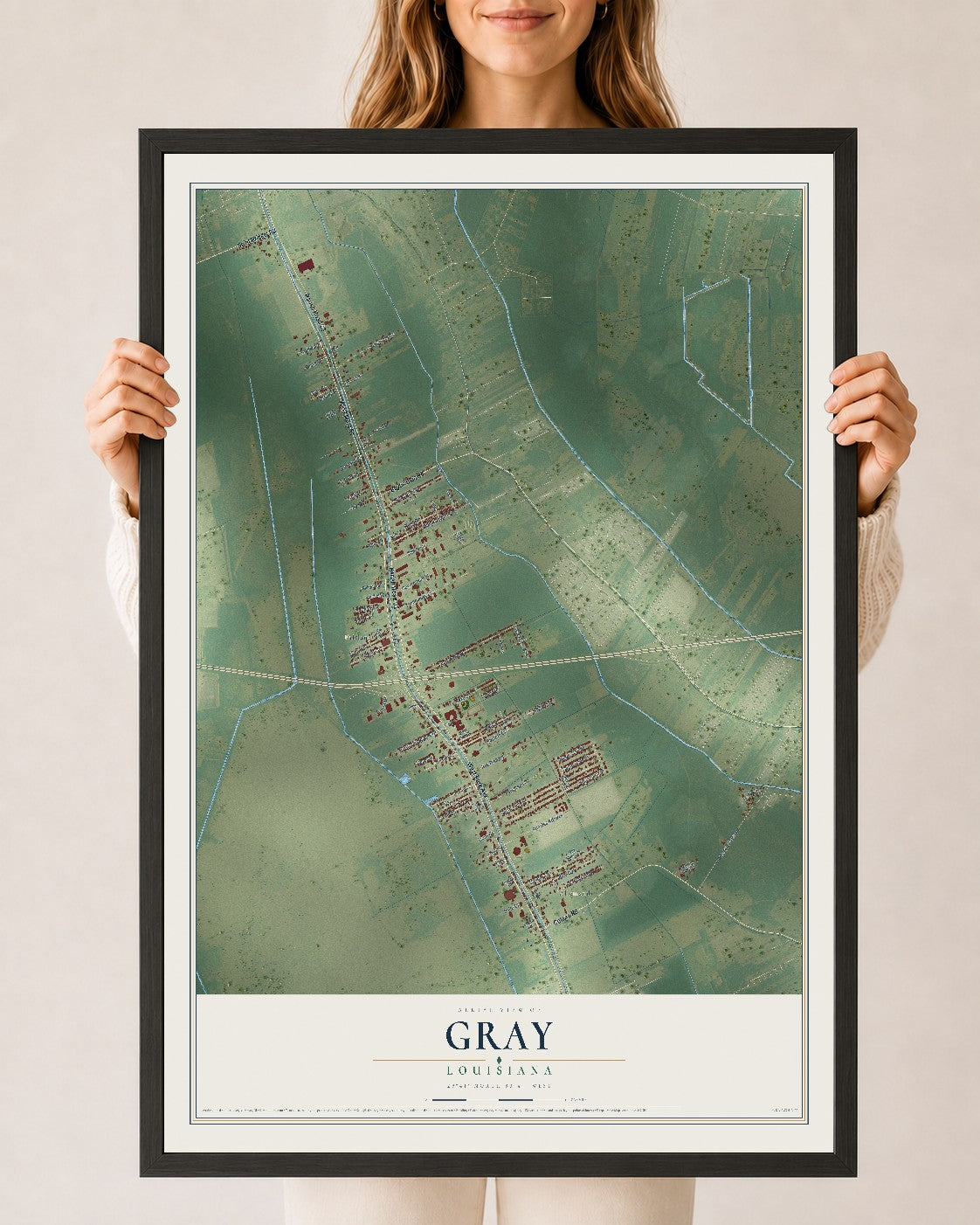 Map of Gray, Louisiana, 24 x 36 inch print in a black wood frame