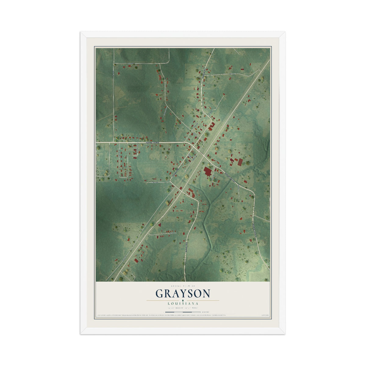 Map of Grayson, Louisiana, 12 x 18 inch print in a white wood frame