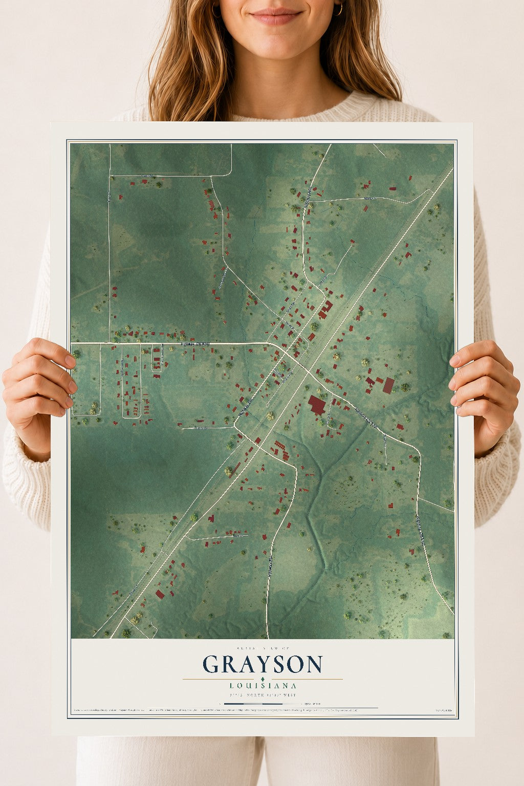Map of Grayson, Louisiana, 18 x 24 inch unframed archival matte print