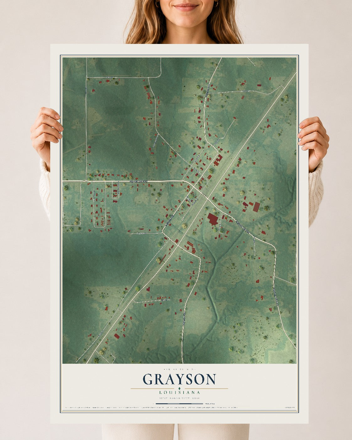 Map of Grayson, Louisiana, 24 x 36 inch unframed archival matte print