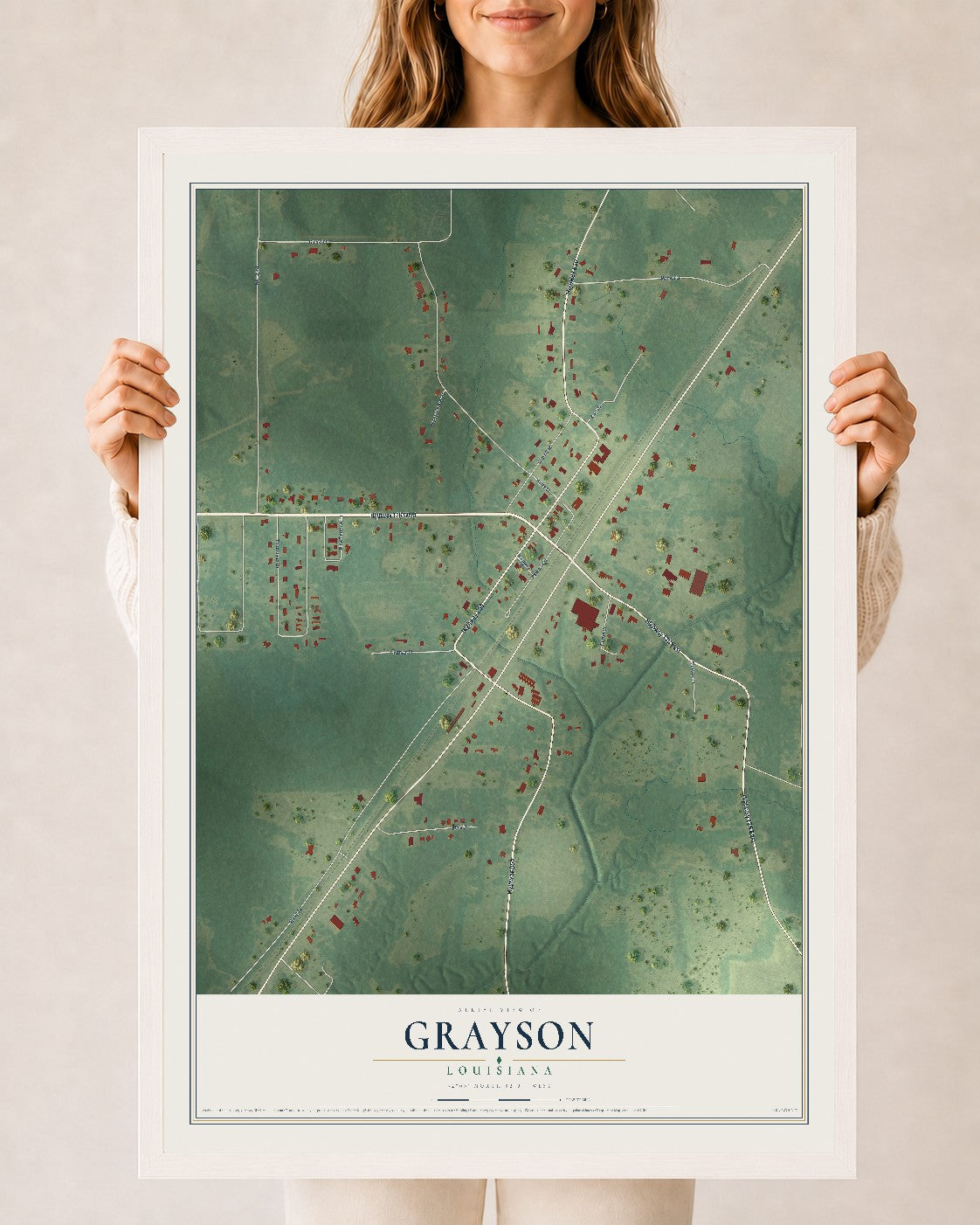 Map of Grayson, Louisiana, 24 x 36 inch print in a white wood frame