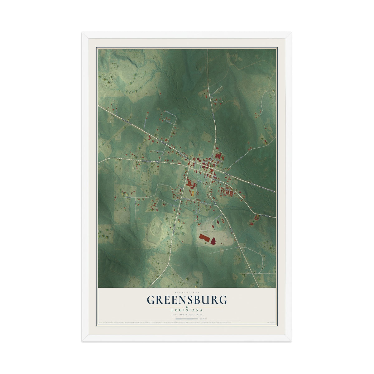 Map of Greensburg, Louisiana, 12 x 18 inch print in a white wood frame