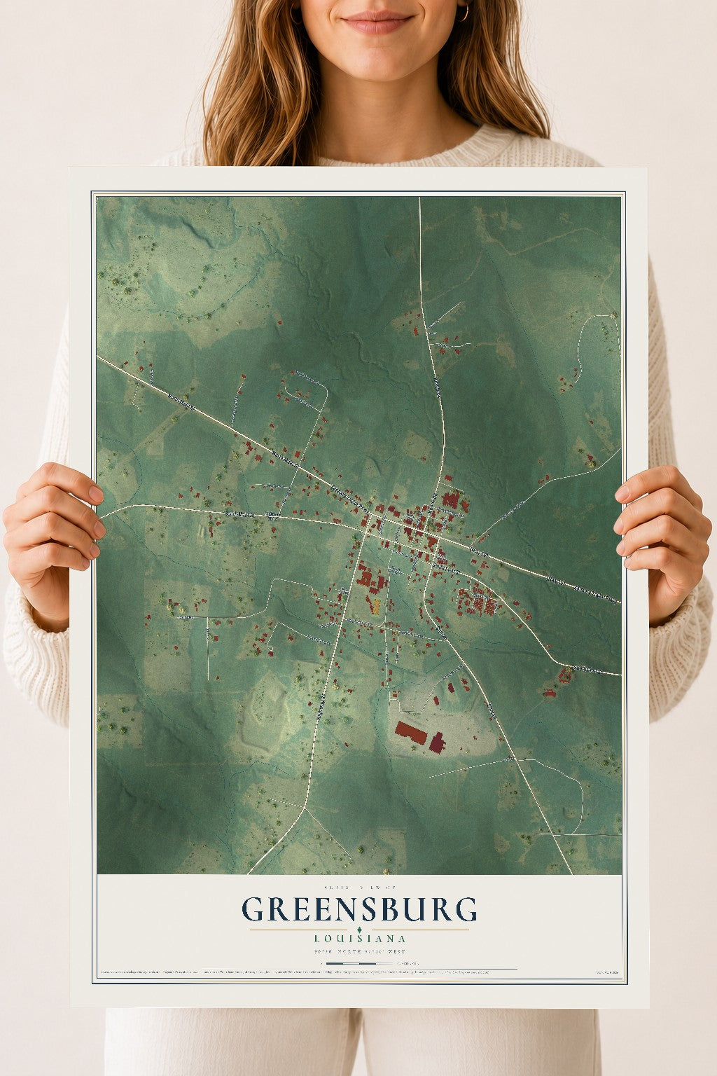 Map of Greensburg, Louisiana, 18 x 24 inch unframed archival matte print