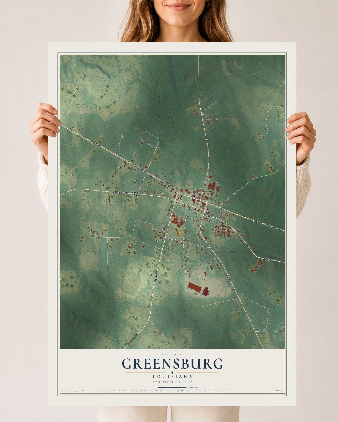 Map of Greensburg, Louisiana, 24 x 36 inch unframed archival matte print