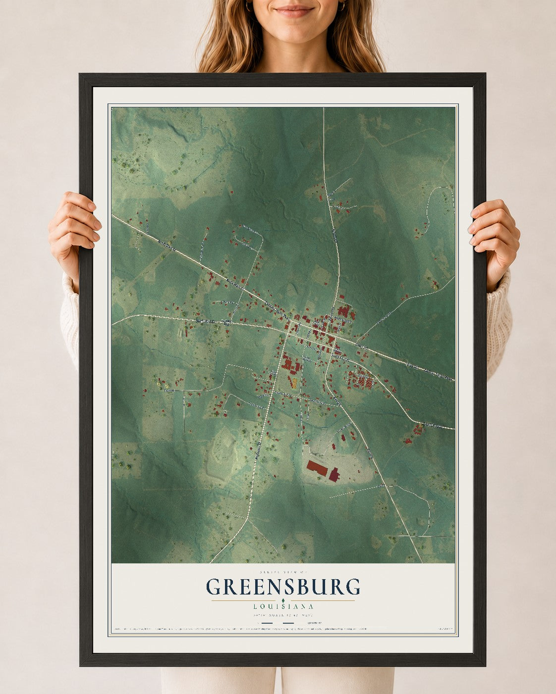 Map of Greensburg, Louisiana, 24 x 36 inch print in a black wood frame