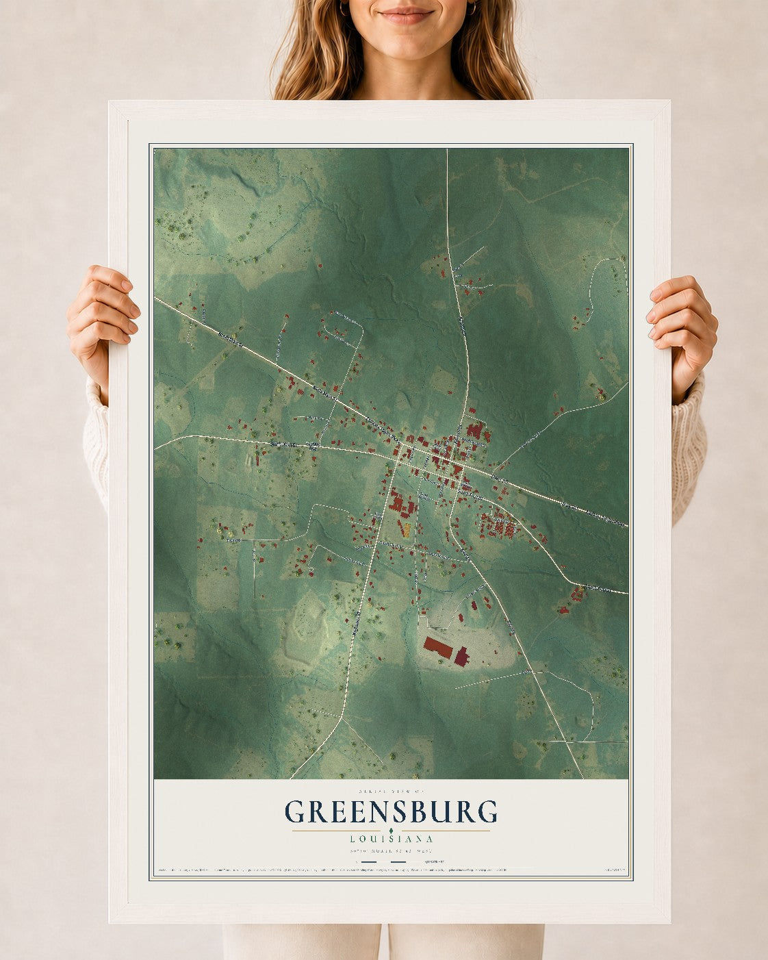 Map of Greensburg, Louisiana, 24 x 36 inch print in a white wood frame