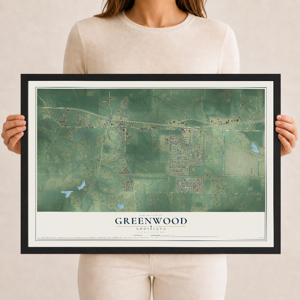 Map of Greenwood, Louisiana, 12 x 18 inch print in a black wood frame