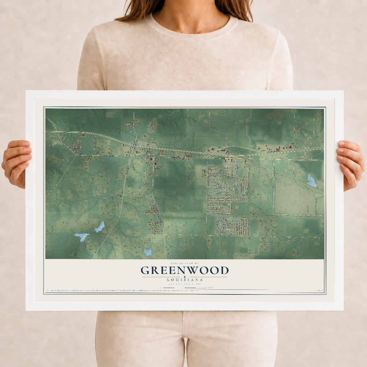 Map of Greenwood, Louisiana, 12 x 18 inch print in a white wood frame