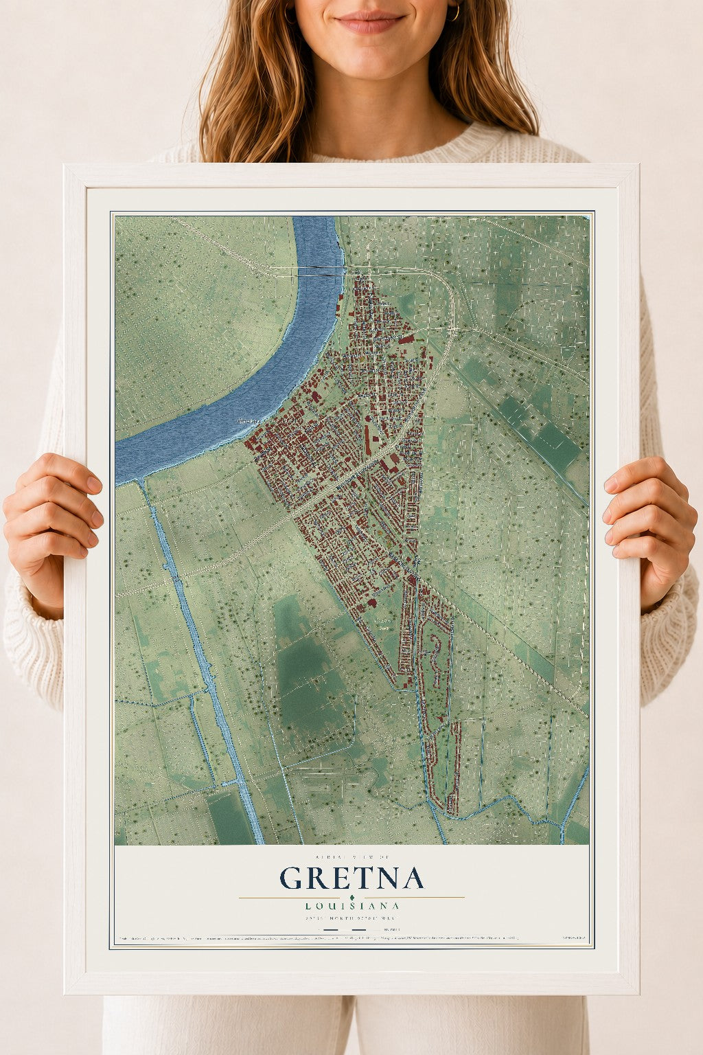 Map of Gretna, Louisiana, 18 x 24 inch print in a white wood frame