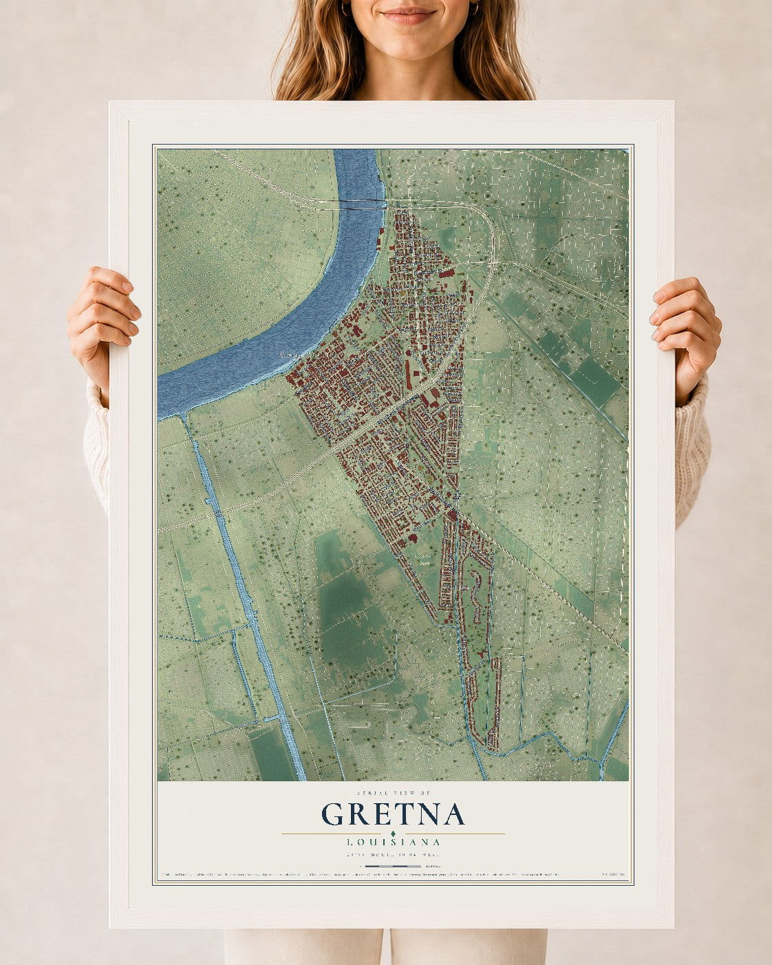 Map of Gretna, Louisiana, 24 x 36 inch print in a white wood frame