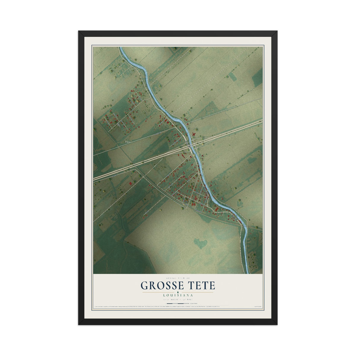 Map of Grosse Tete, Louisiana, 12 x 18 inch print in a black wood frame