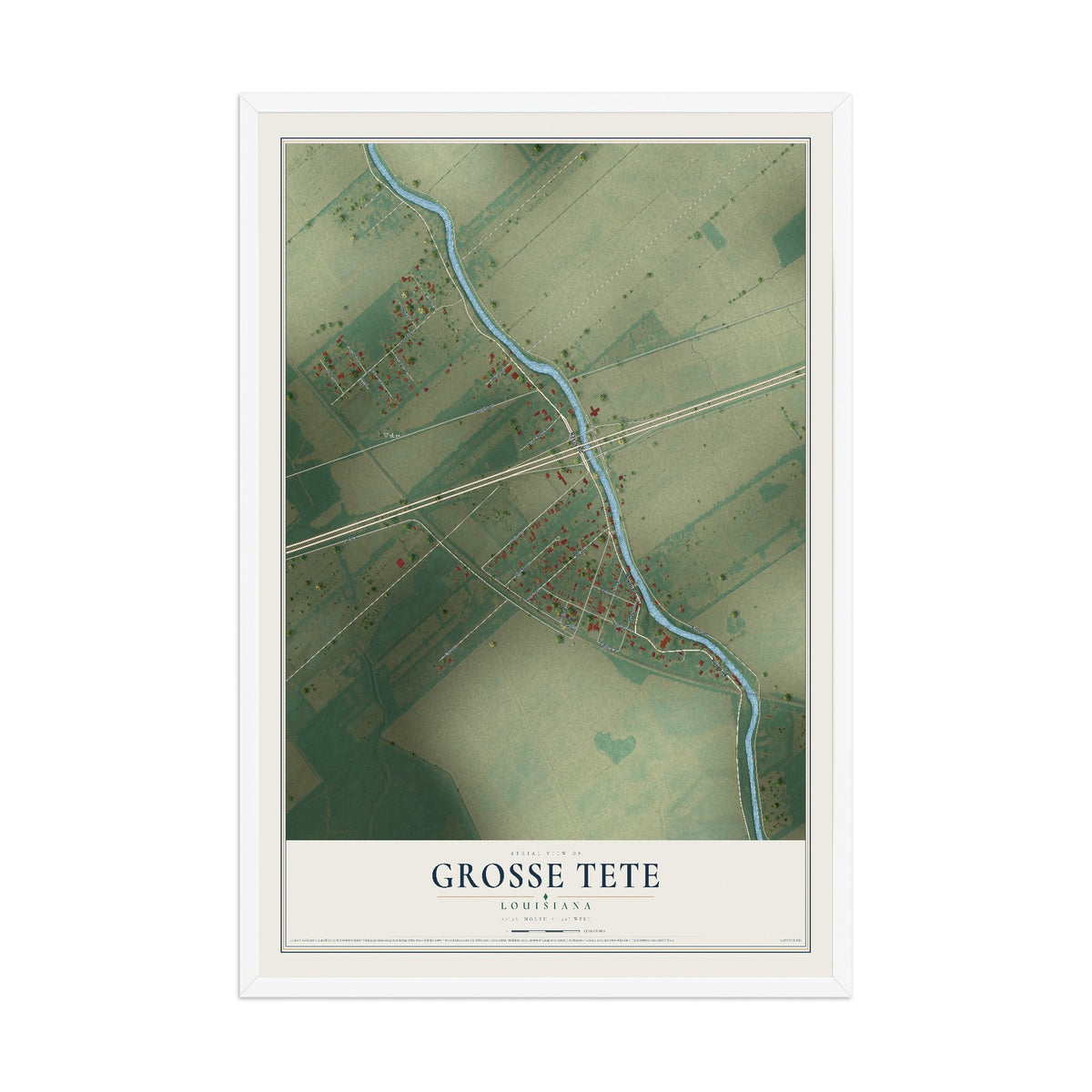 Map of Grosse Tete, Louisiana, 12 x 18 inch print in a white wood frame