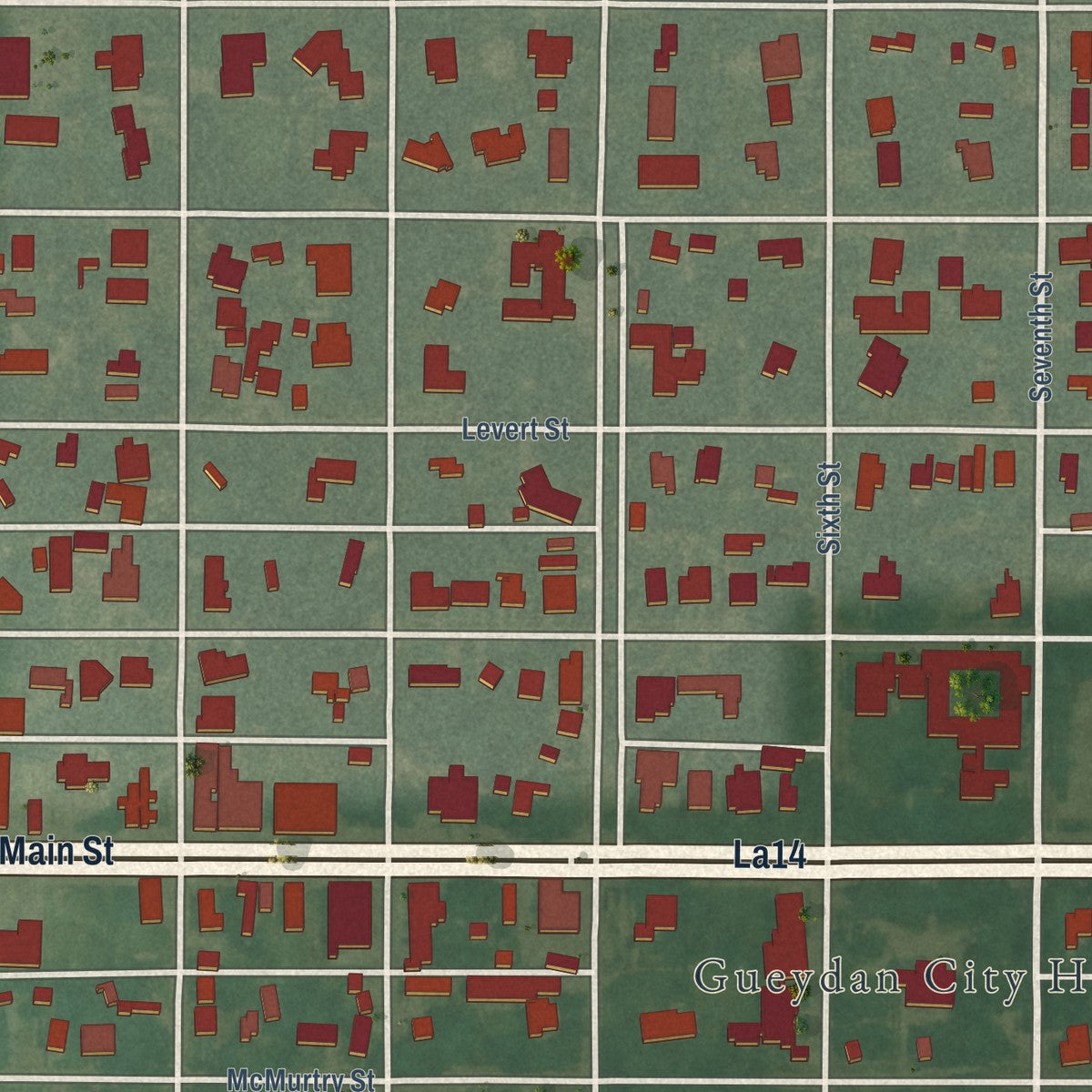 Close-up of the map of Gueydan, Louisiana print showing street and building detail
