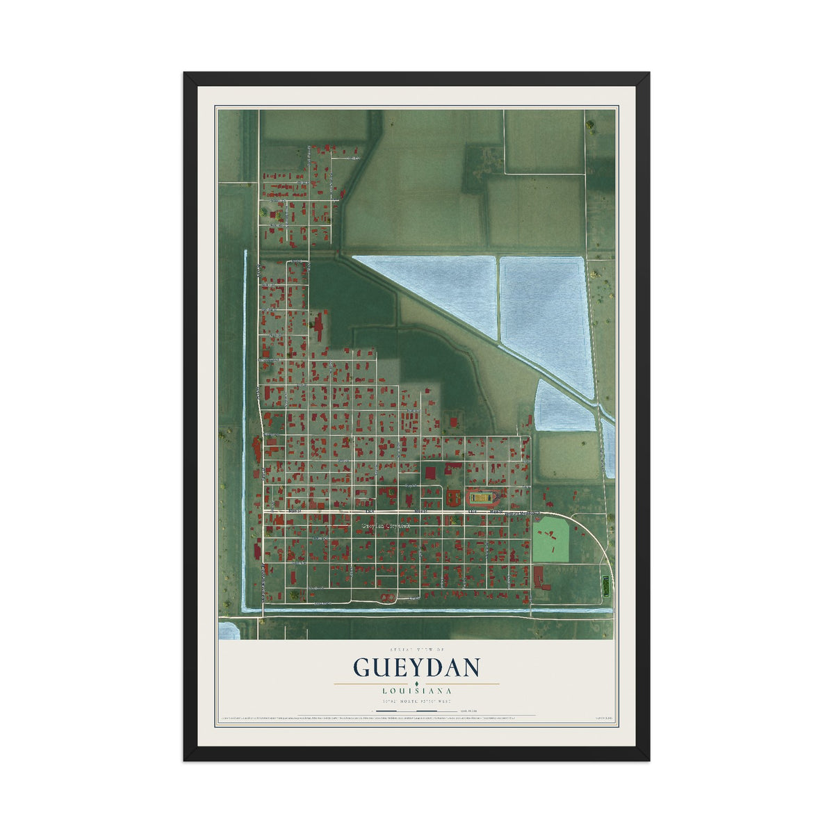 Map of Gueydan, Louisiana, 12 x 18 inch print in a black wood frame