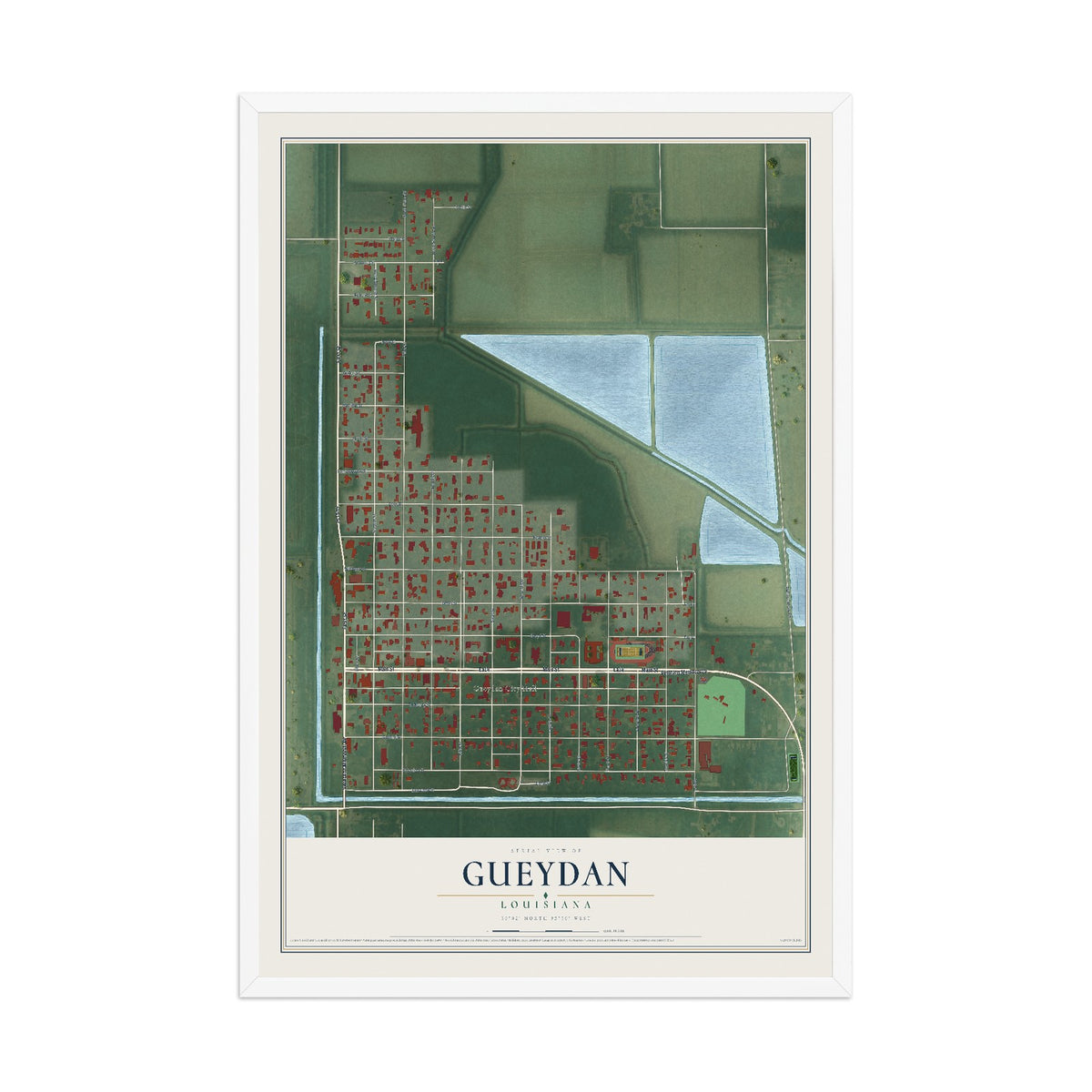 Map of Gueydan, Louisiana, 12 x 18 inch print in a white wood frame