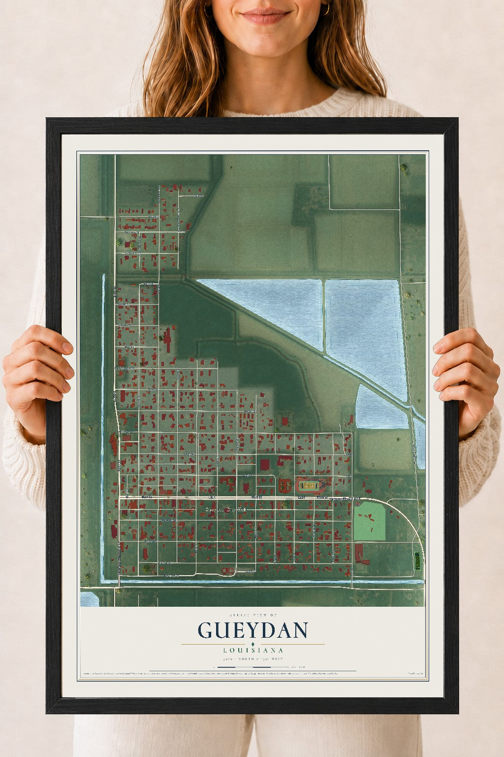 Map of Gueydan, Louisiana, 18 x 24 inch print in a black wood frame