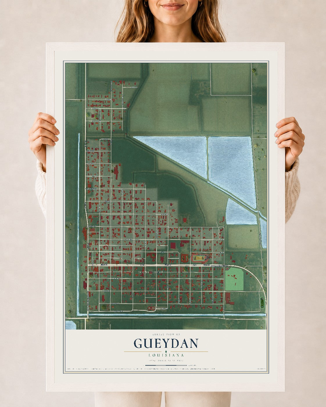 Map of Gueydan, Louisiana, 24 x 36 inch print in a white wood frame